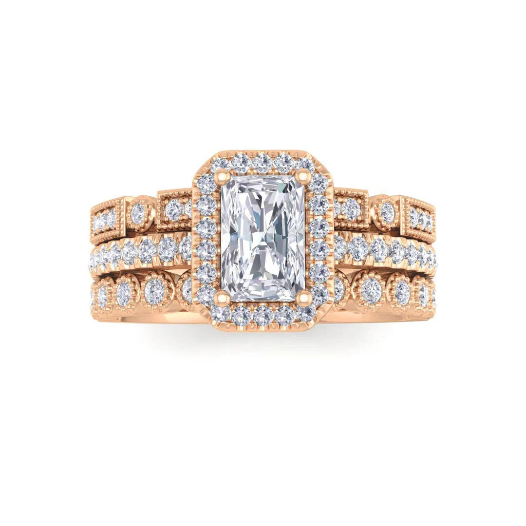 14k Rose Gold 0.75ct Emerald Cut Moissanite Halo Bridal Set 0.5tdw