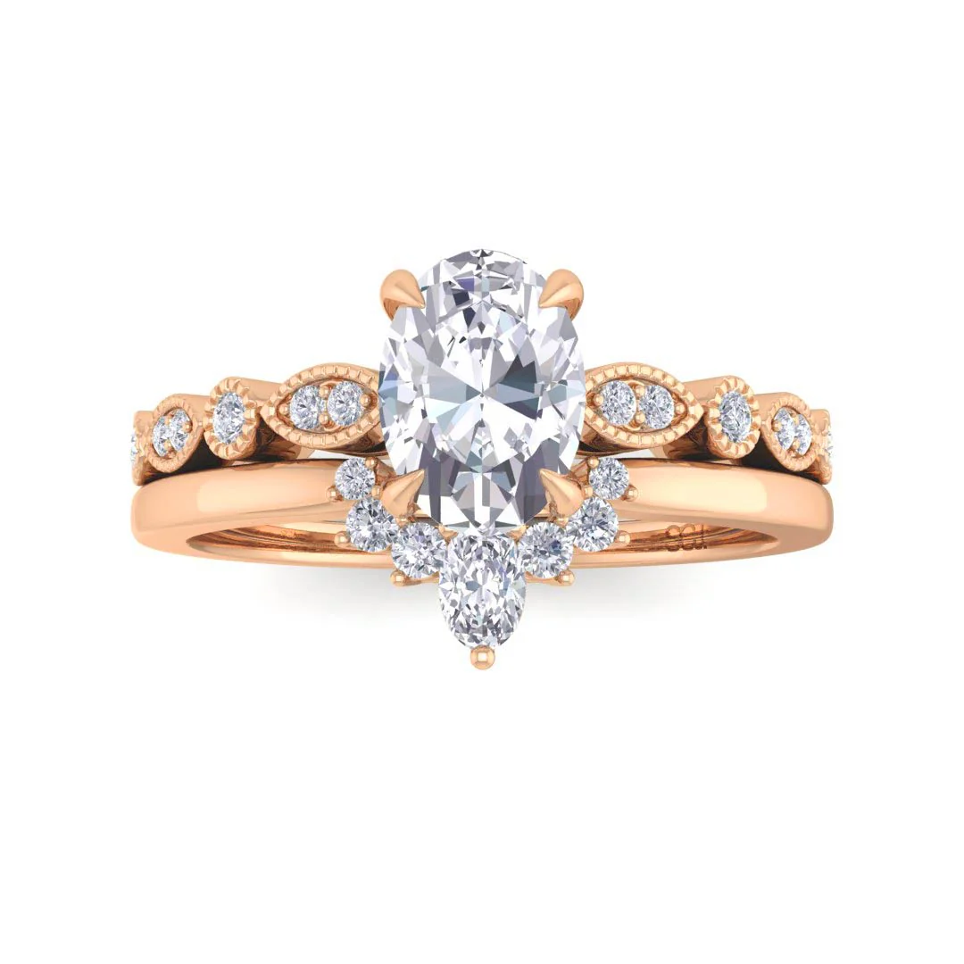 14k Rose Gold 0.75ct Oval Lab Diamond Tiara Bridal Set 0.92tdw