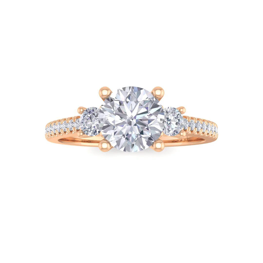 14k Rose Gold 0.75ct Round Brilliant Moissanite Trilogy Shoulders Engagement Ring 0.3tdw