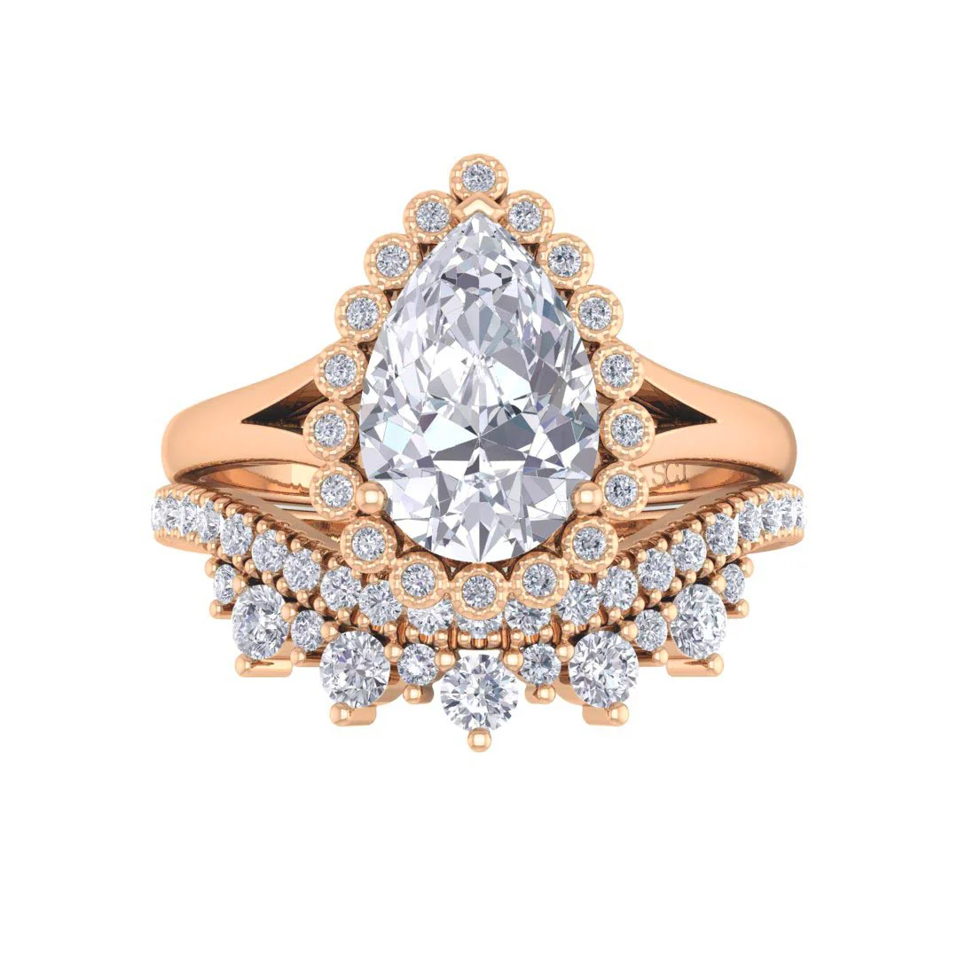 14k Rose Gold 1.5ct Pear Moissanite Halo Tiara Bridal Set 0.4tdw
