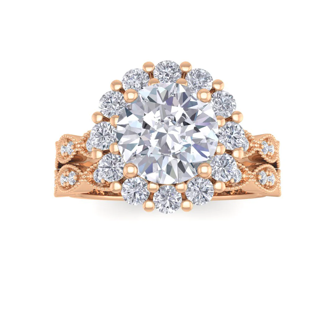 14k Rose Gold 1.5ct Round Brilliant Lab Diamond Halo Bridal Set 2.05tdw