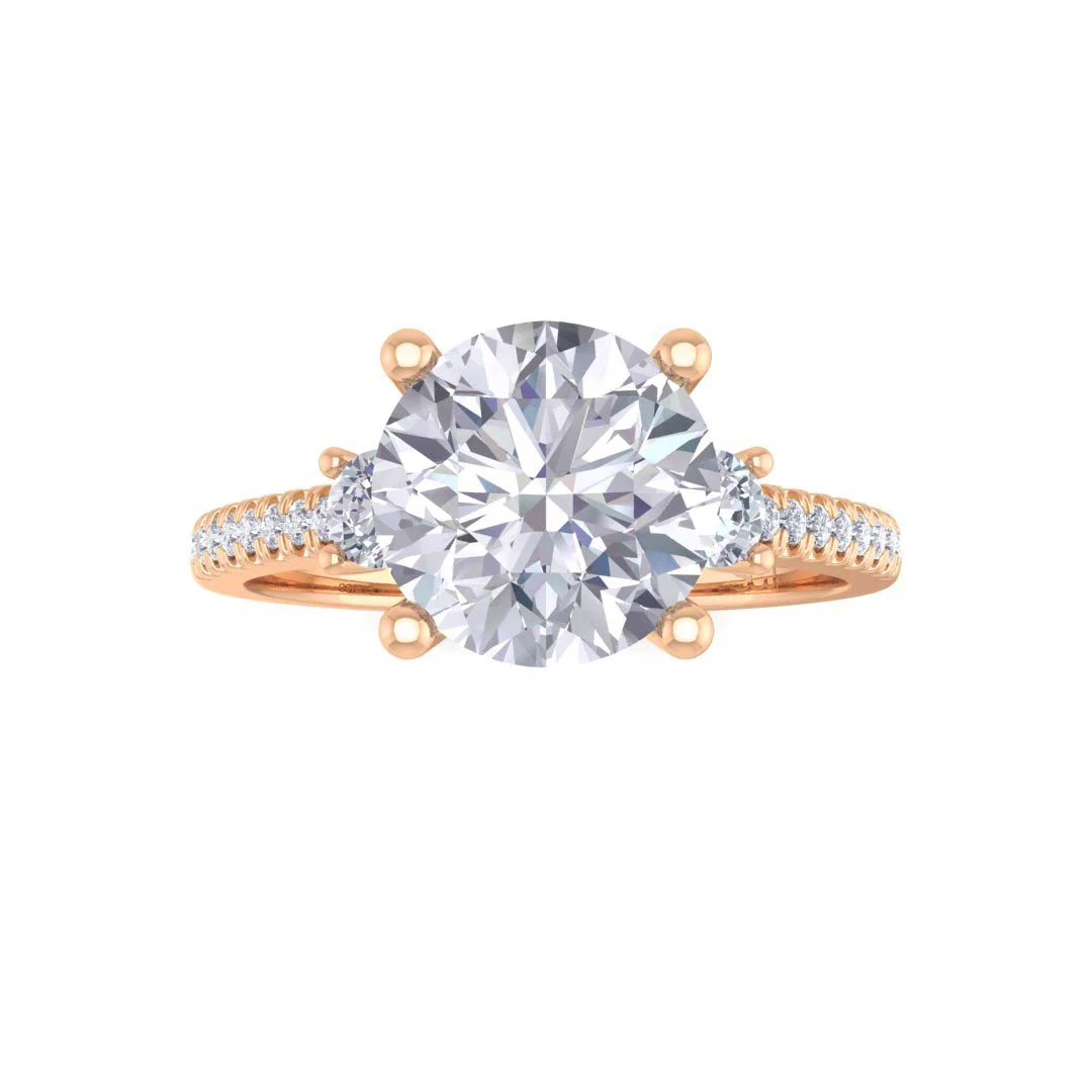 14k Rose Gold 1.5ct Round Brilliant Moissanite Trilogy Shoulders Engagement Ring 0.3tdw