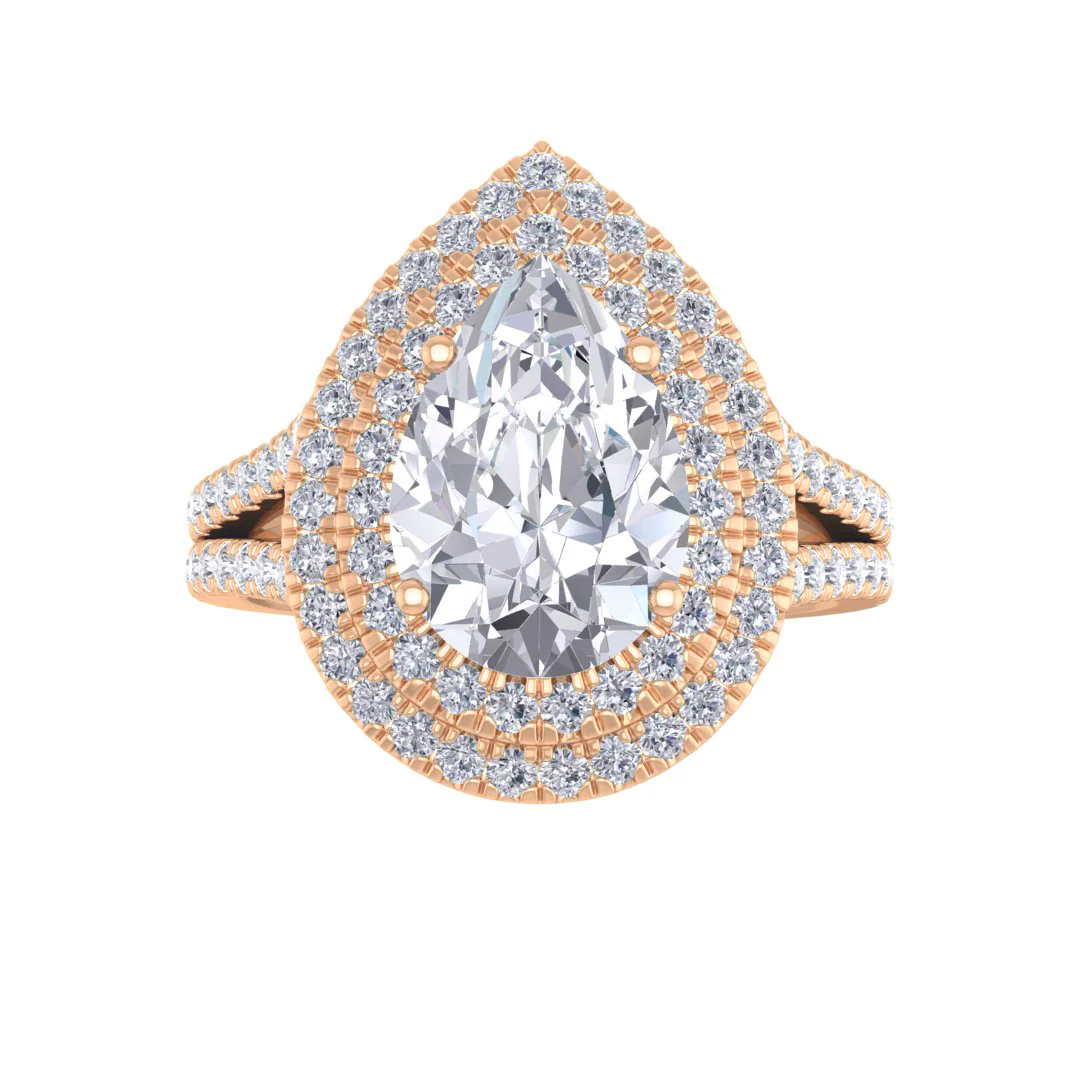 14k Rose Gold 2.0ct Pear Lab Diamond Double Halo Engagement Ring 2.5tdw