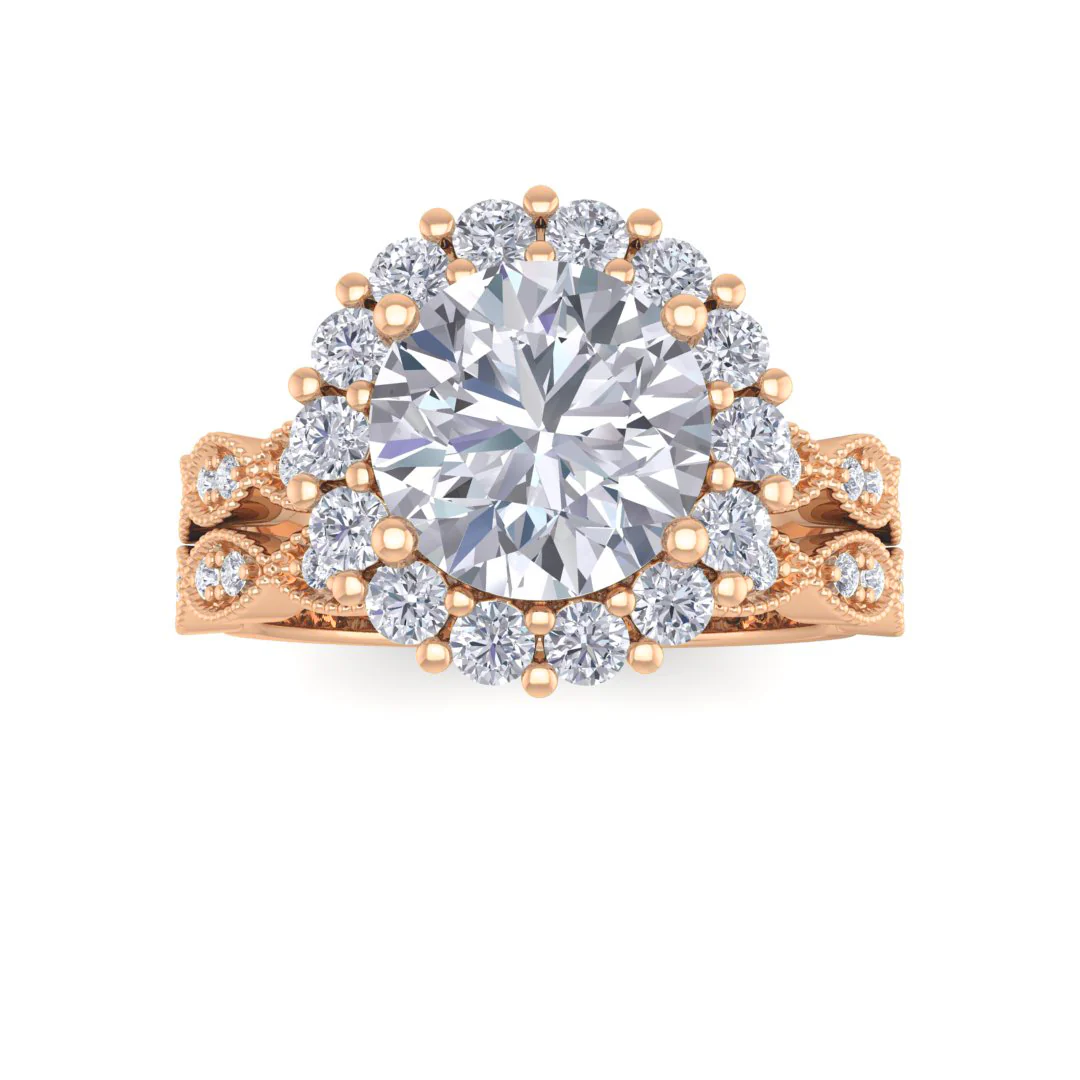 14k Rose Gold 2.0ct Round Brilliant Moissanite Halo Bridal Set 0.55tdw
