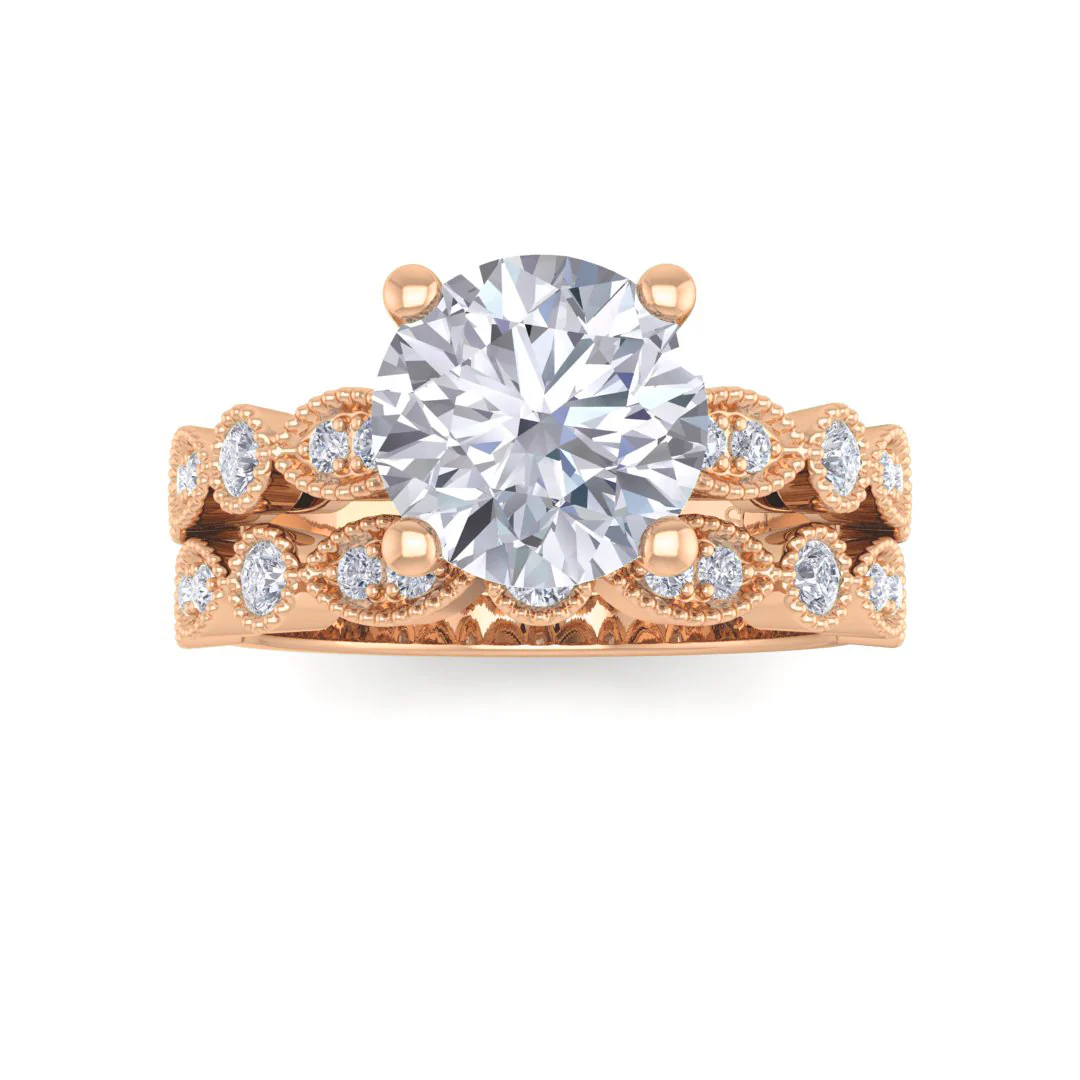 14K Rose Gold Round Brilliant Moissanite and Diamond Milgrain Bridal Set 0.25tdw 1.5ct Moissanite