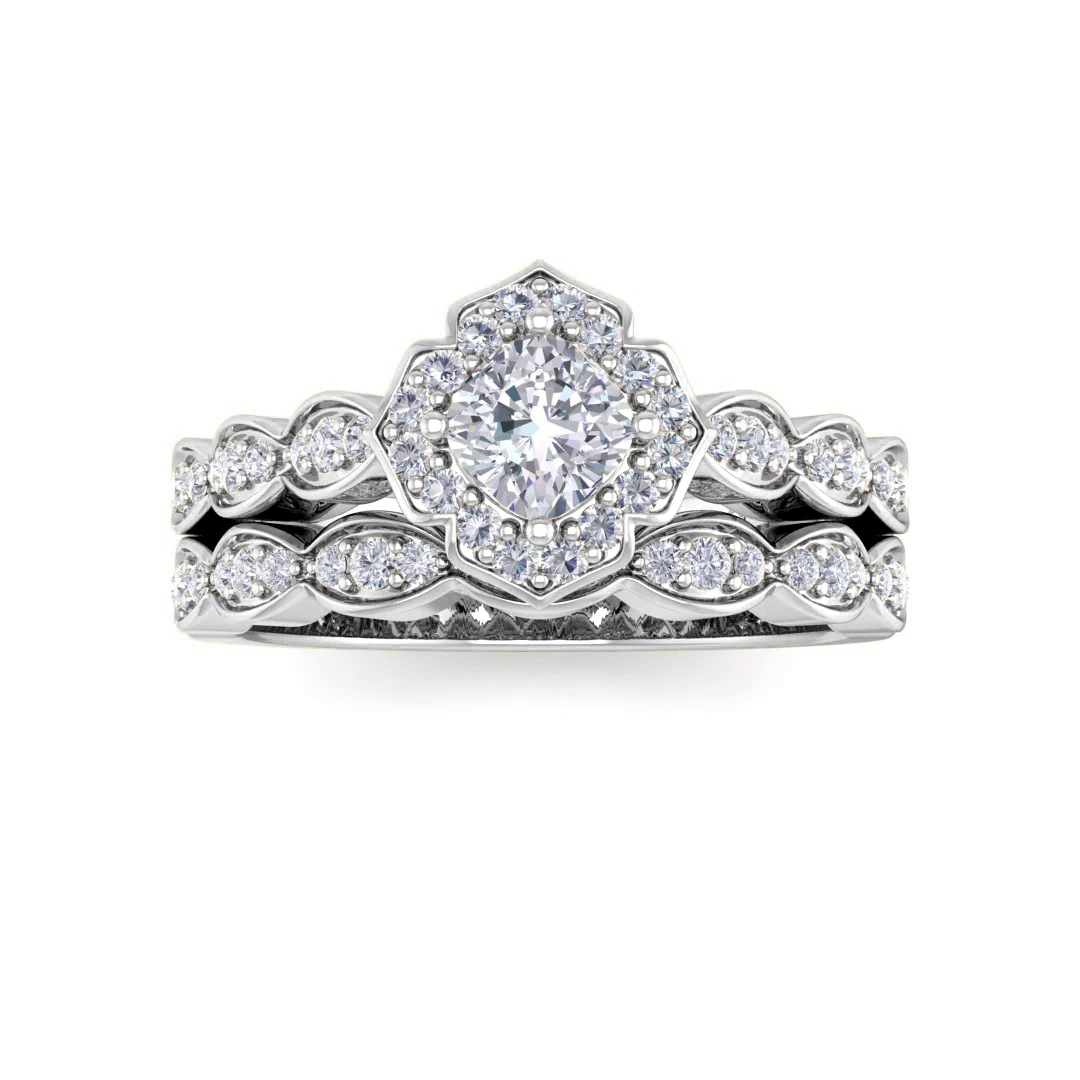14k White Gold 0.33ct Cushion Cut Moissanite Halo Vintage Inspired Bridal Set 0.3tdw