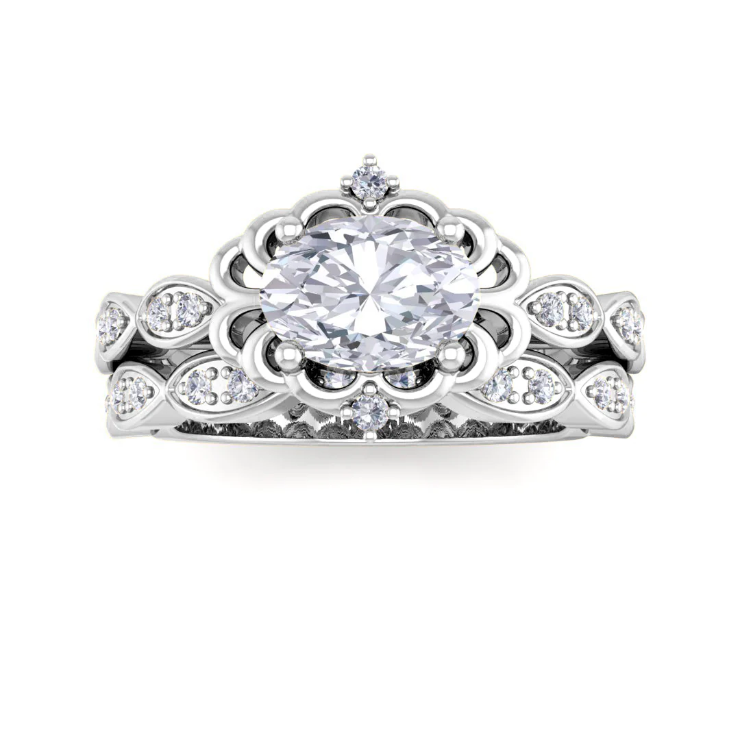 14k White Gold 0.75ct Oval Diamond Filigree Halo Bridal Set 0.95tdw