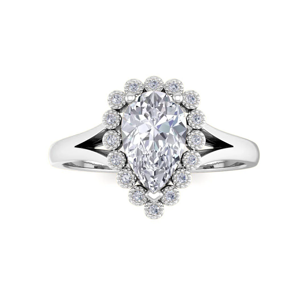 14k White Gold 1.0ct Pear Moissanite Halo Tiara Bridal Set 0.4tdw