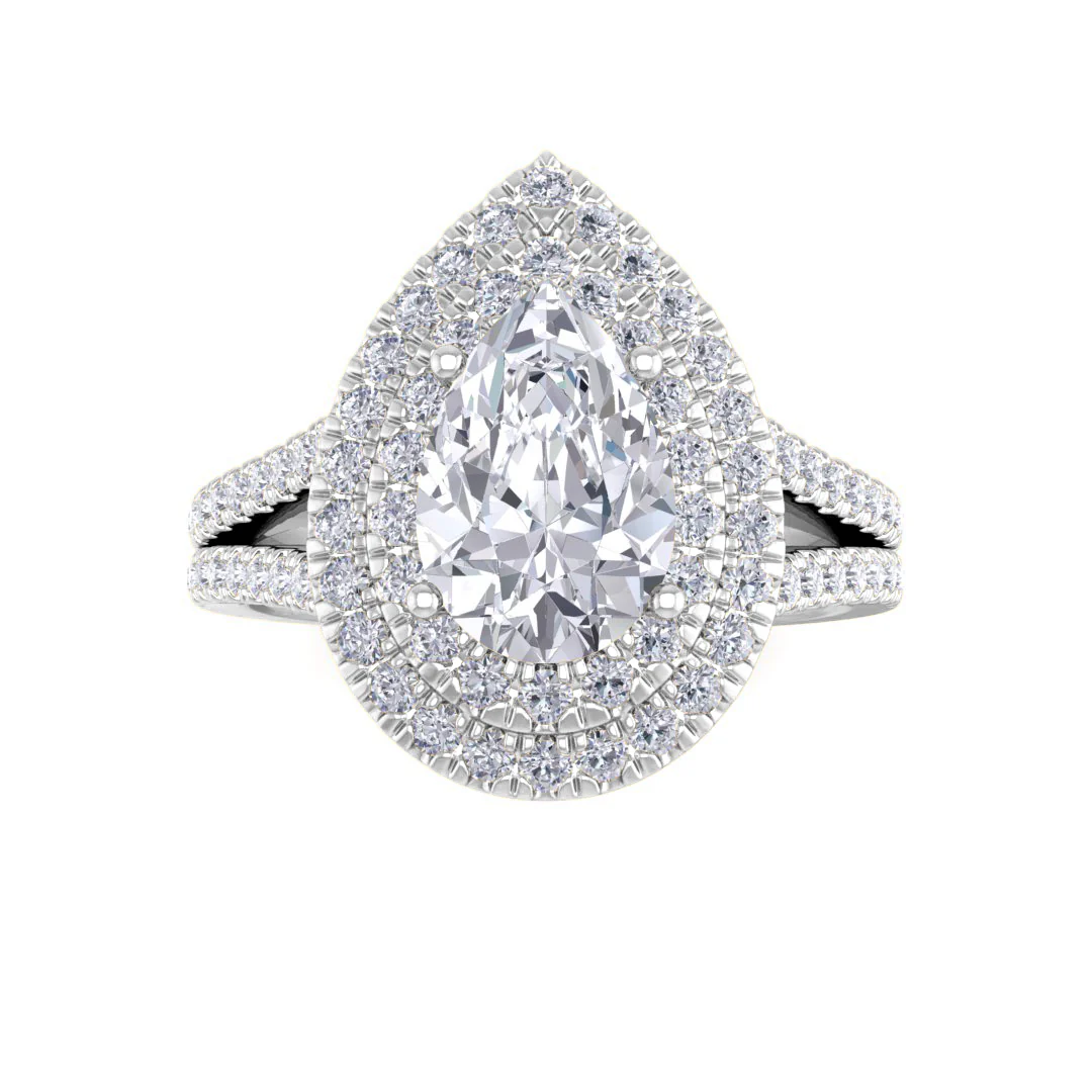 14k White Gold 1.5ct Pear Lab Diamond Double Halo Engagement Ring 2.0tdw