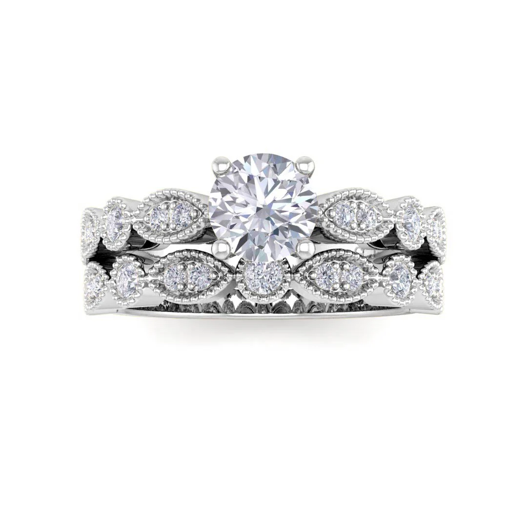 14K White Gold Round Brilliant Diamond Milgrain Bridal Set 0.75tdw