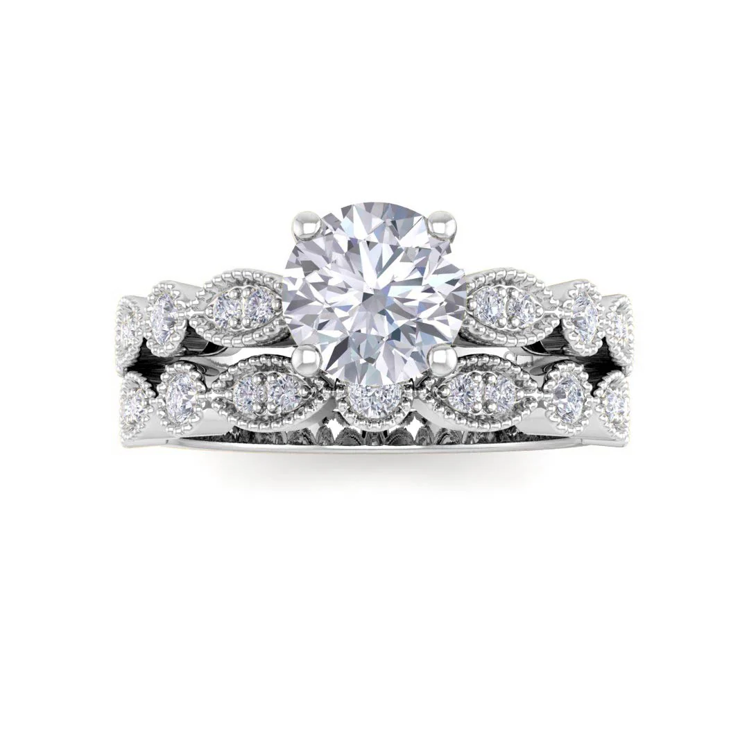 14K White Gold Round Brilliant Diamond Milgrain Bridal Set 1.0tdw