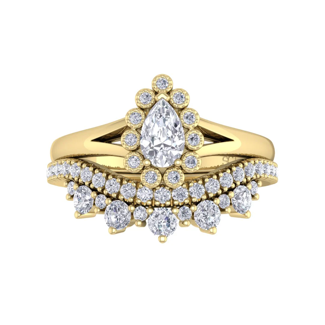 14k Yellow Gold 0.33ct Pear Lab Diamond Halo Tiara Bridal Set 0.73tdw