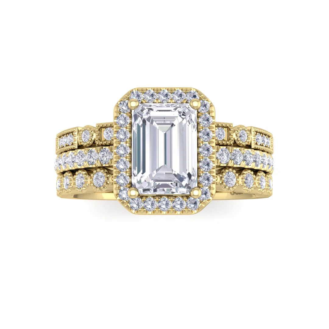 14k Yellow Gold 1.0ct Emerald Cut Moissanite Halo Bridal Set 0.5tdw