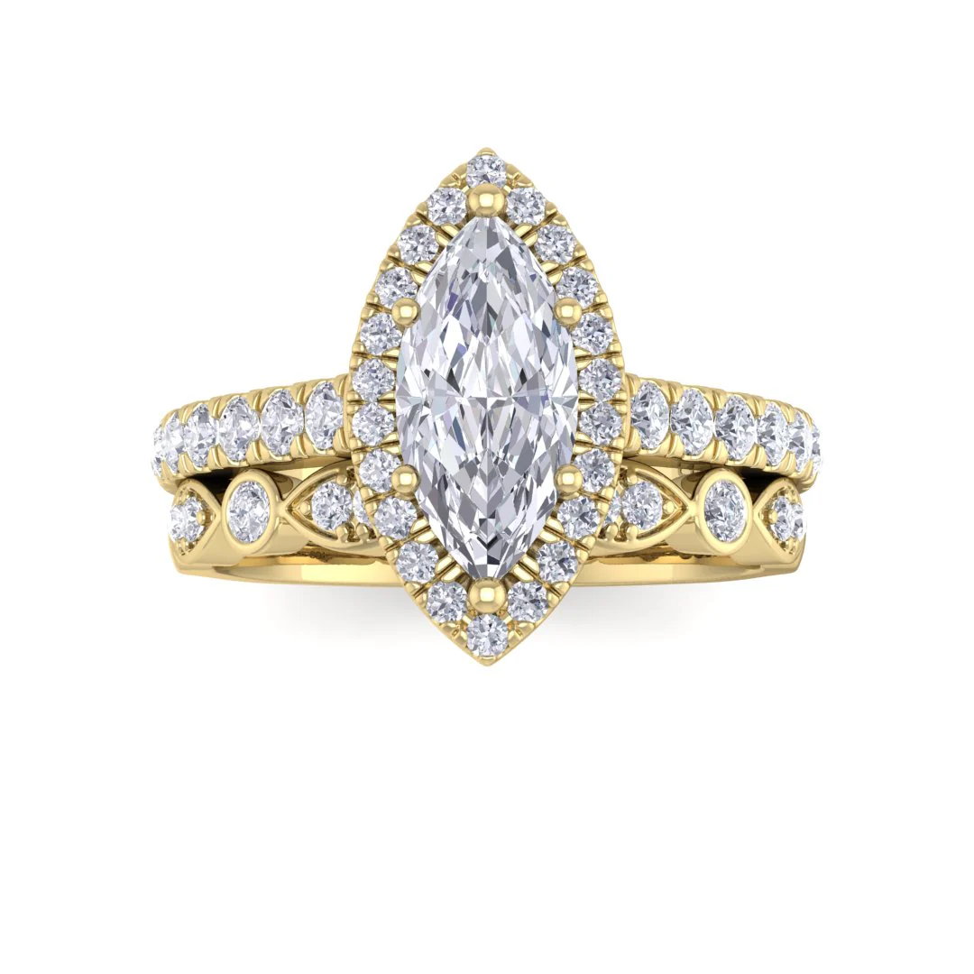 14k Yellow Gold 1.0ct Marquise Lab Diamond Halo Bridal Set 1.5tdw