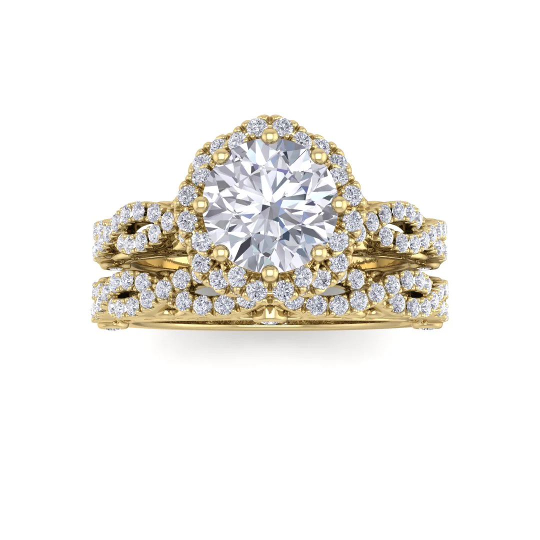 14k Yellow Gold 1.0ct Round Brilliant Diamond Flower Halo Bridal Set 1.5tdw