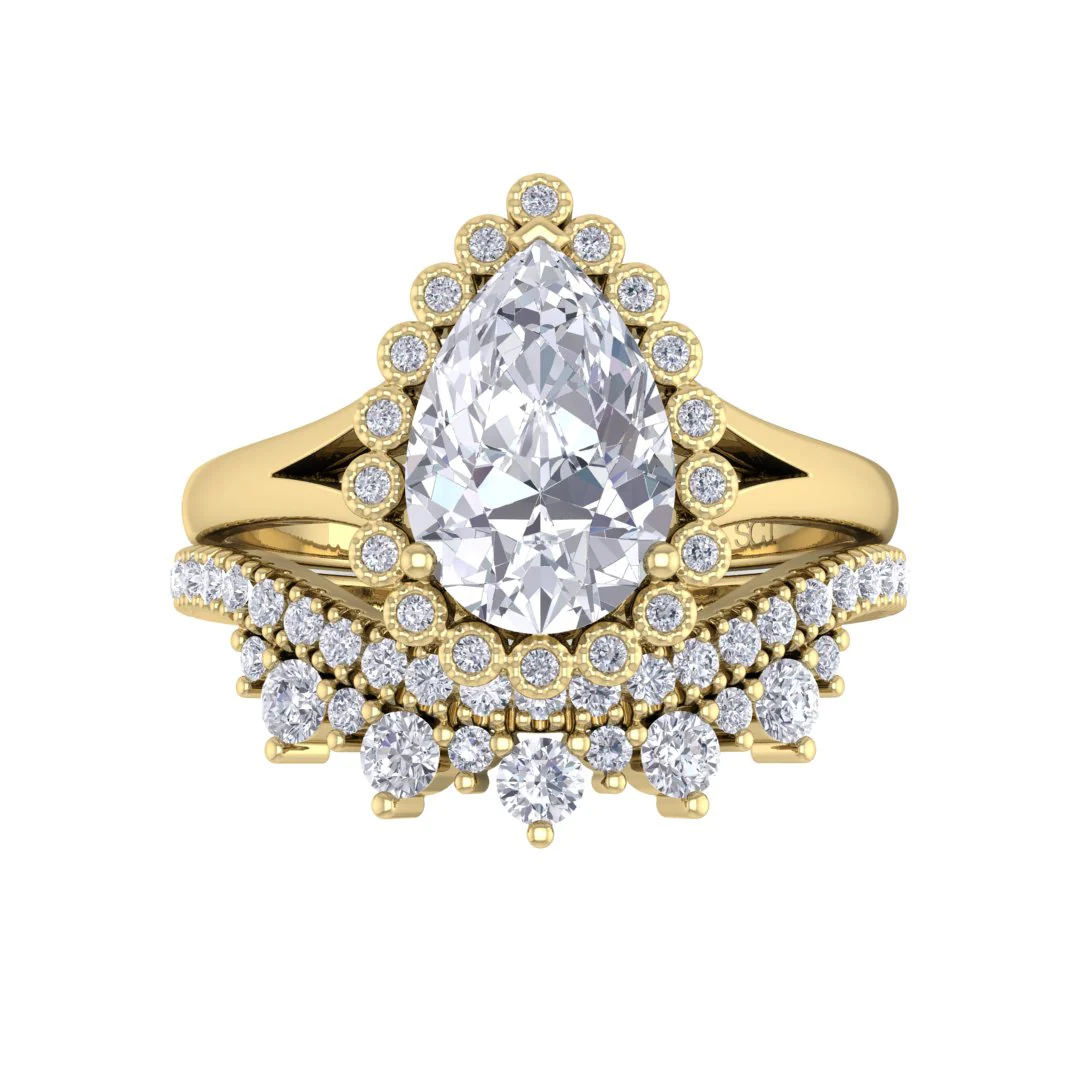14k Yellow Gold 1.5ct Pear Diamond Halo Tiara Bridal Set 1.9tdw