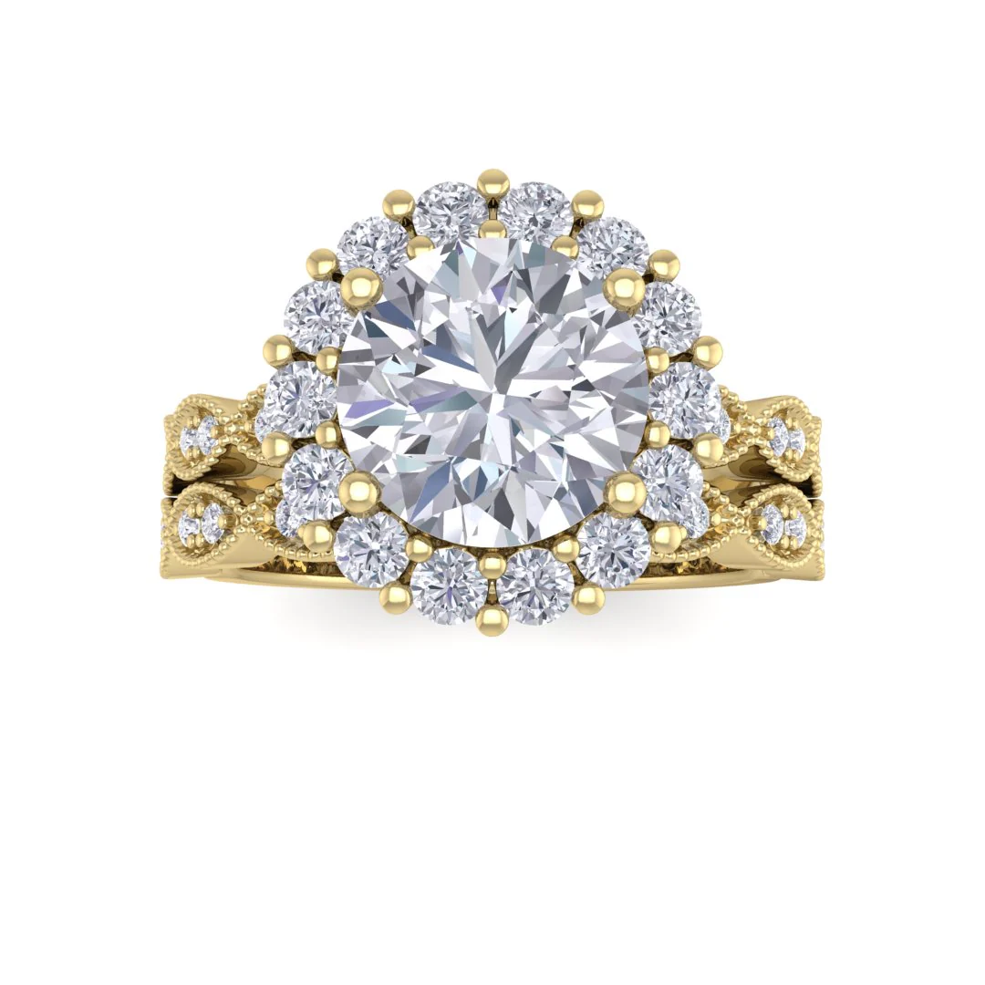 14k Yellow Gold 2.0ct Round Brilliant Lab Diamond Halo Bridal Set 2.55tdw