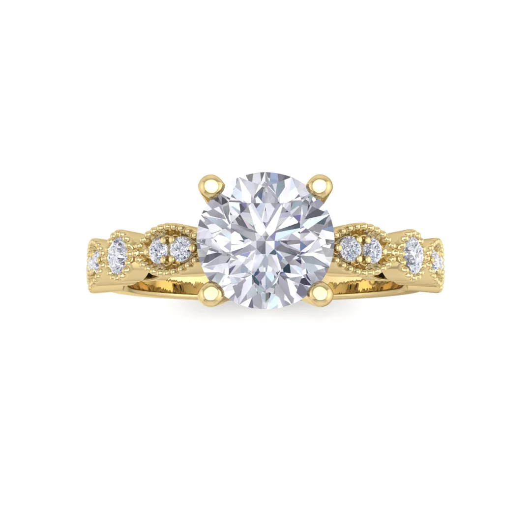 14K Yellow Gold Round Brilliant Moissanite and Diamond Milgrain Bridal Set 0.25tdw 1.0ct Moissanite