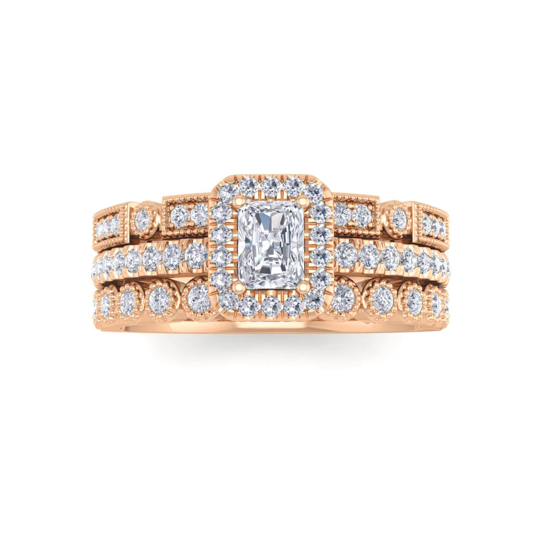 18k Rose Gold 0.33ct Emerald Cut Moissanite Halo Bridal Set 0.5tdw