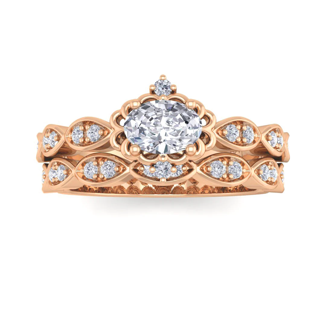 18k Rose Gold 0.33ct Oval Moissanite Filigree Halo Bridal Set 0.2tdw