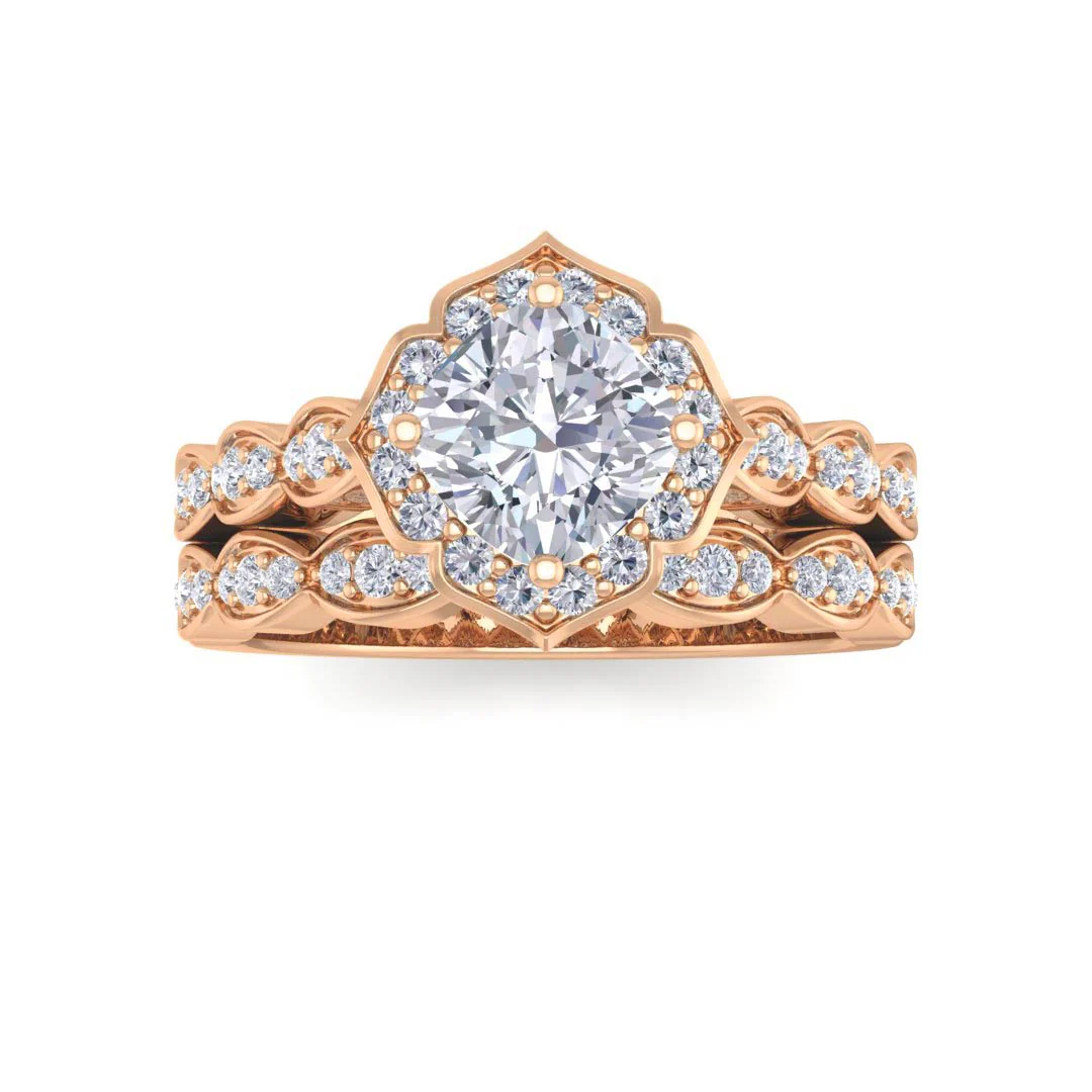 18k Rose Gold 1.0ct Cushion Cut Diamond Halo Vintage Inspired Bridal Set 1.3tdw