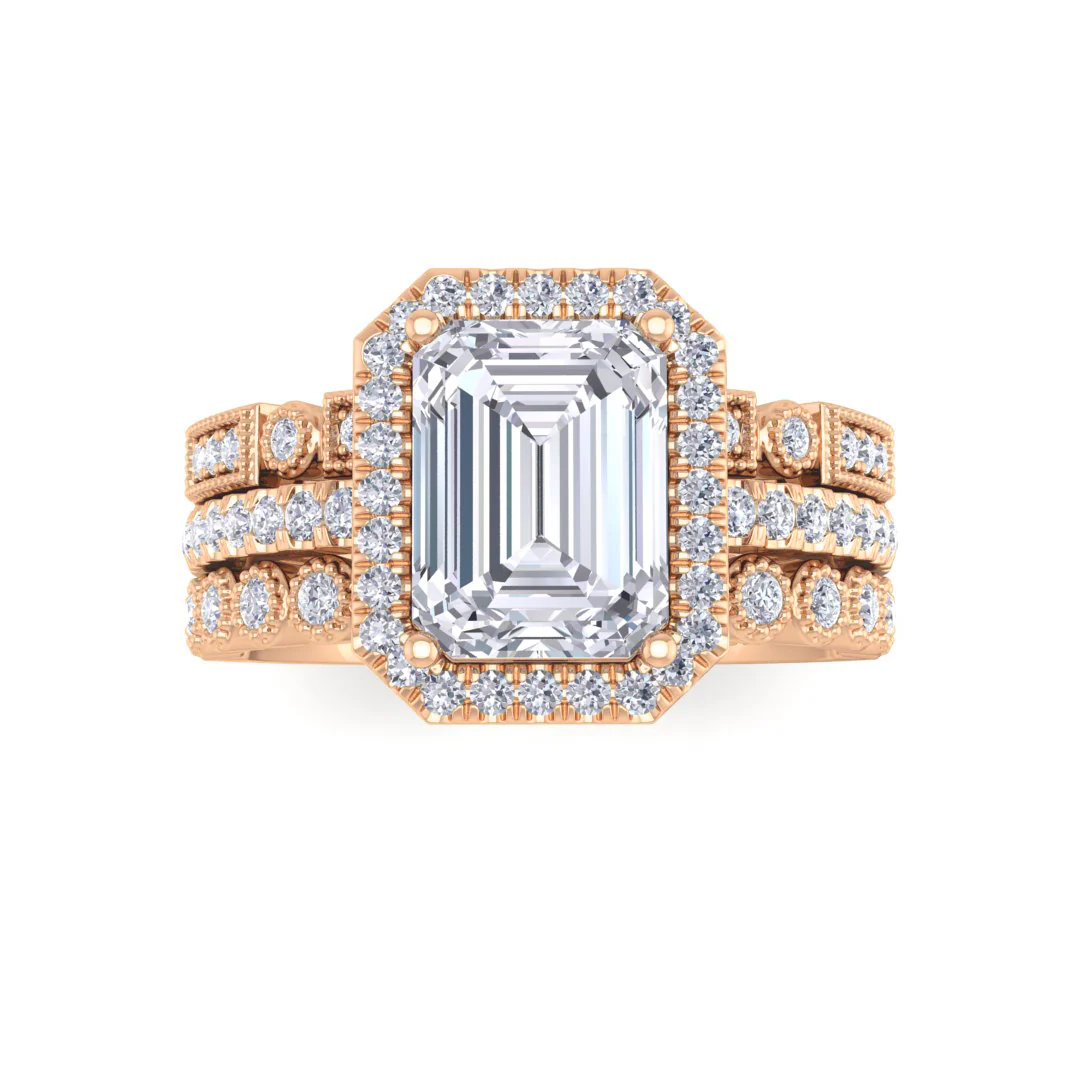 18k Rose Gold 1.5ct Emerald Cut Moissanite Halo Bridal Set 0.5tdw