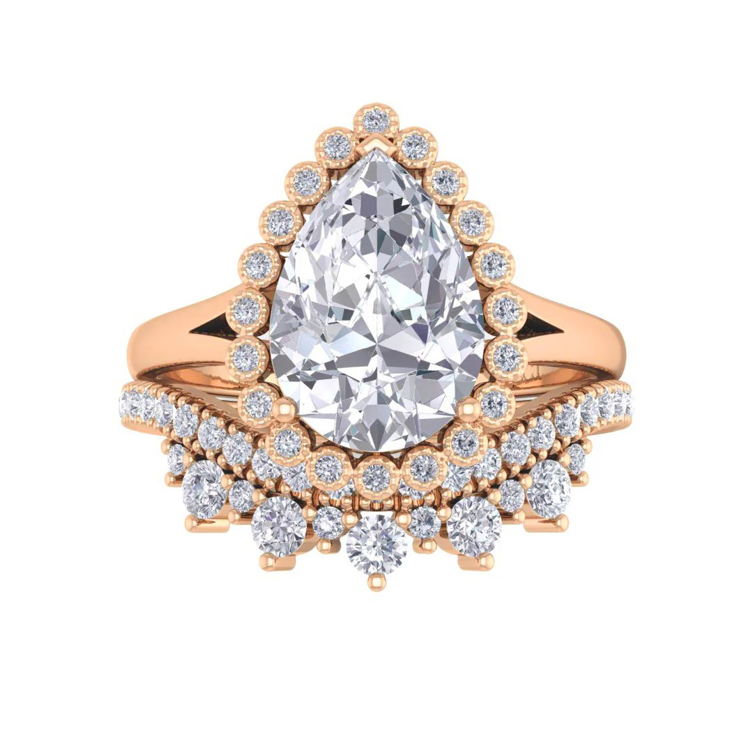 18k Rose Gold 2.0ct Pear Moissanite Halo Tiara Bridal Set 0.4tdw