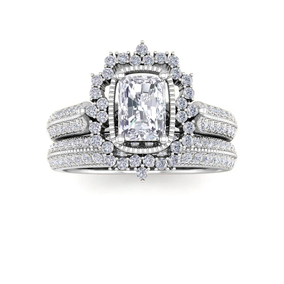 18k White Gold 0.33ct Emerald Cut Lab Diamond Vintage Halo Bridal Set 0.83tdw