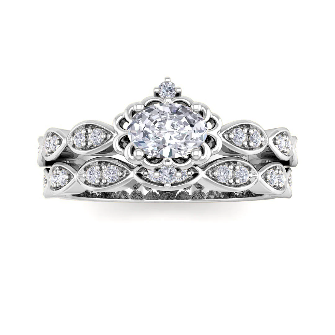 18k White Gold 0.33ct Oval Lab Diamond Filigree Halo Bridal Set 0.53tdw