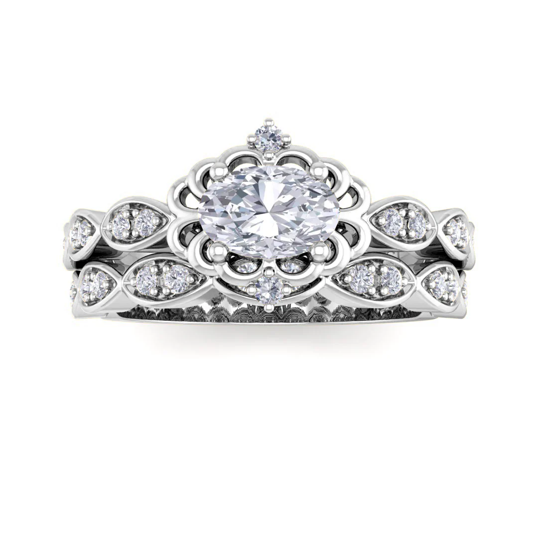 18k White Gold 0.5ct Oval Diamond Filigree Halo Bridal Set 0.7tdw