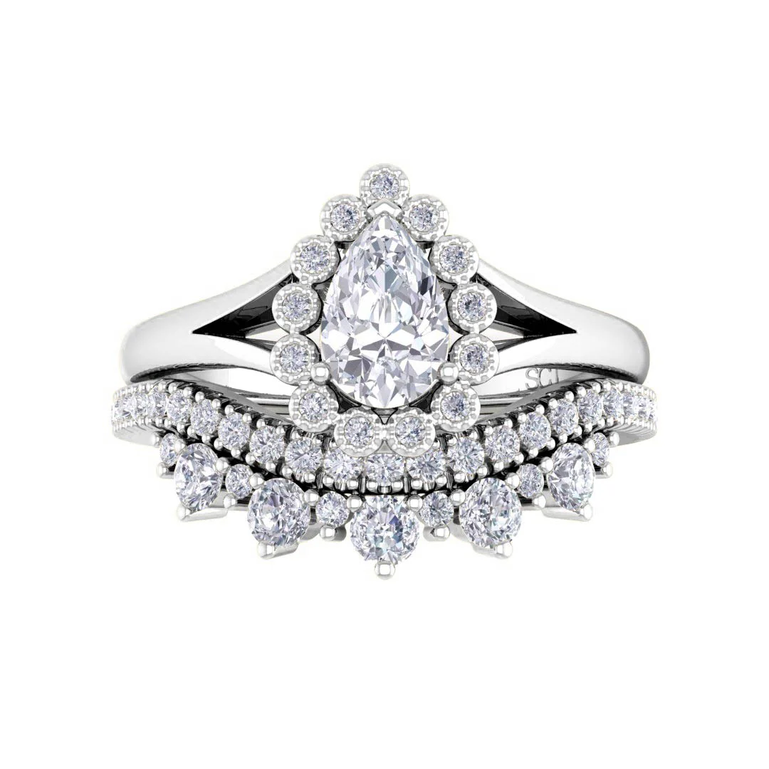 18k White Gold 0.5ct Pear Diamond Halo Tiara Bridal Set 0.9tdw