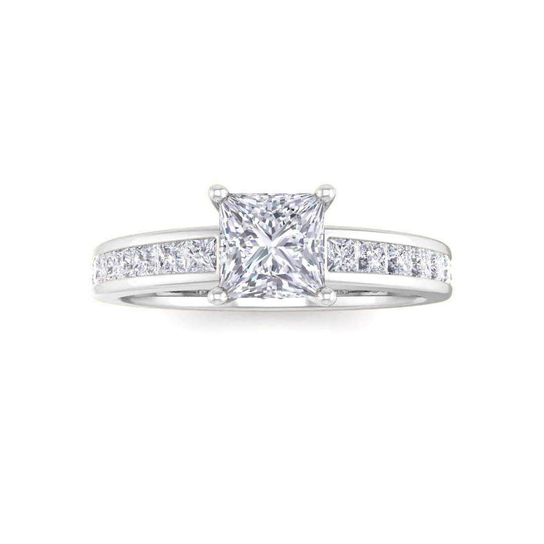 18k White Gold 0.5ct Princess Cut Diamond Solitaire with Shoulder Accents Engagement Ring 1.0tdw
