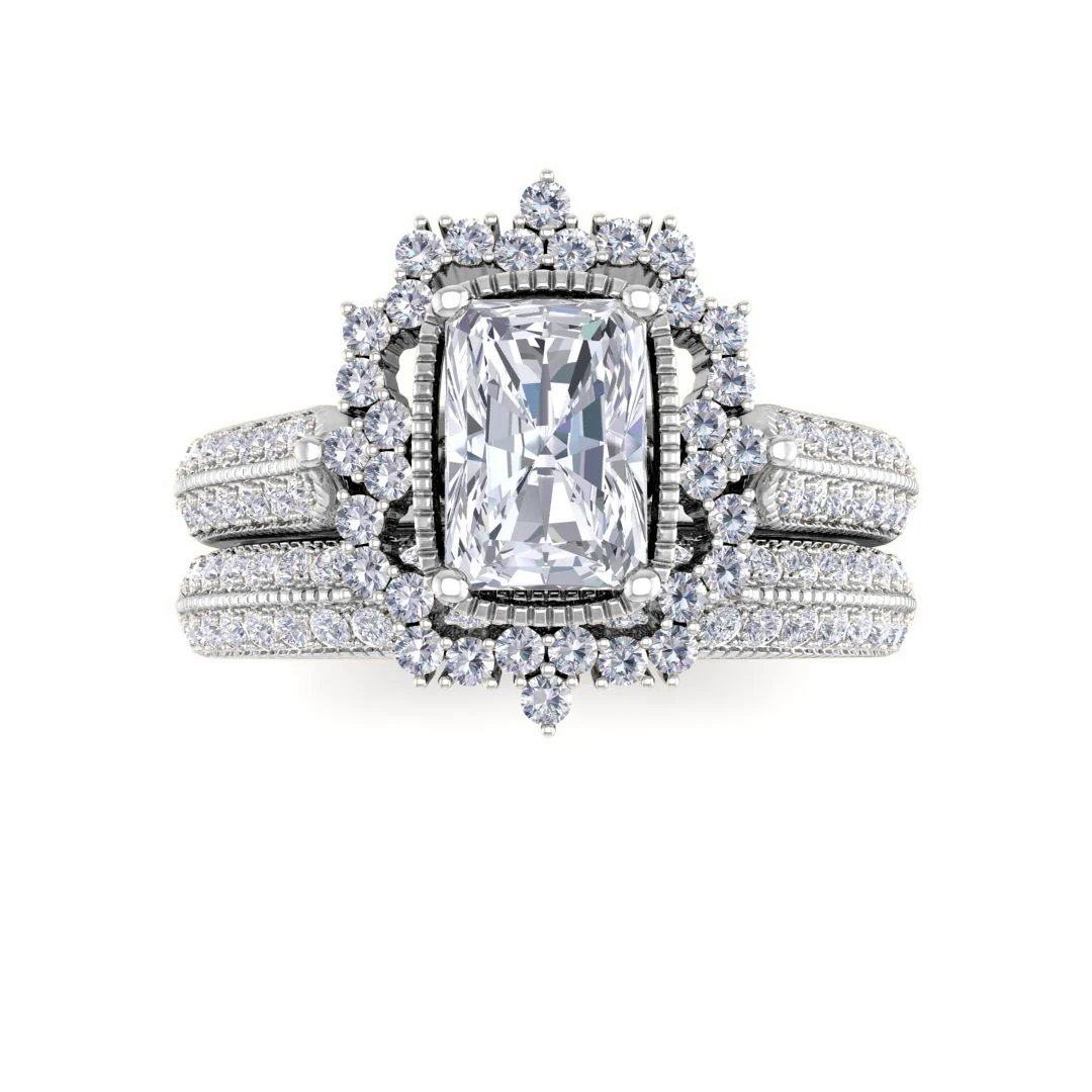 18k White Gold 0.75ct Emerald Cut Diamond Vintage Halo Bridal Set 1.25tdw