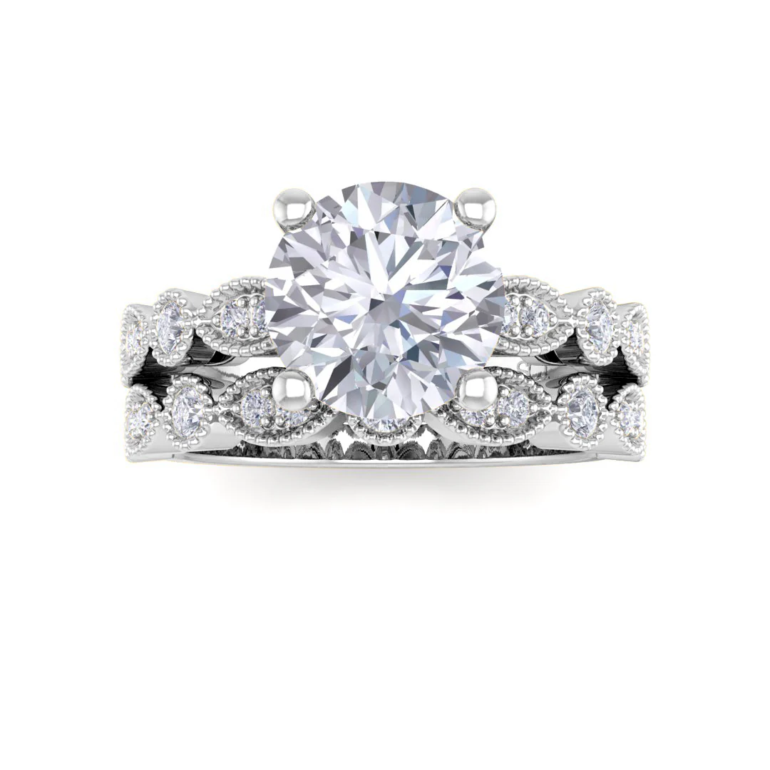 18K White Gold Round Brilliant Diamond Milgrain Bridal Set 1.75tdw