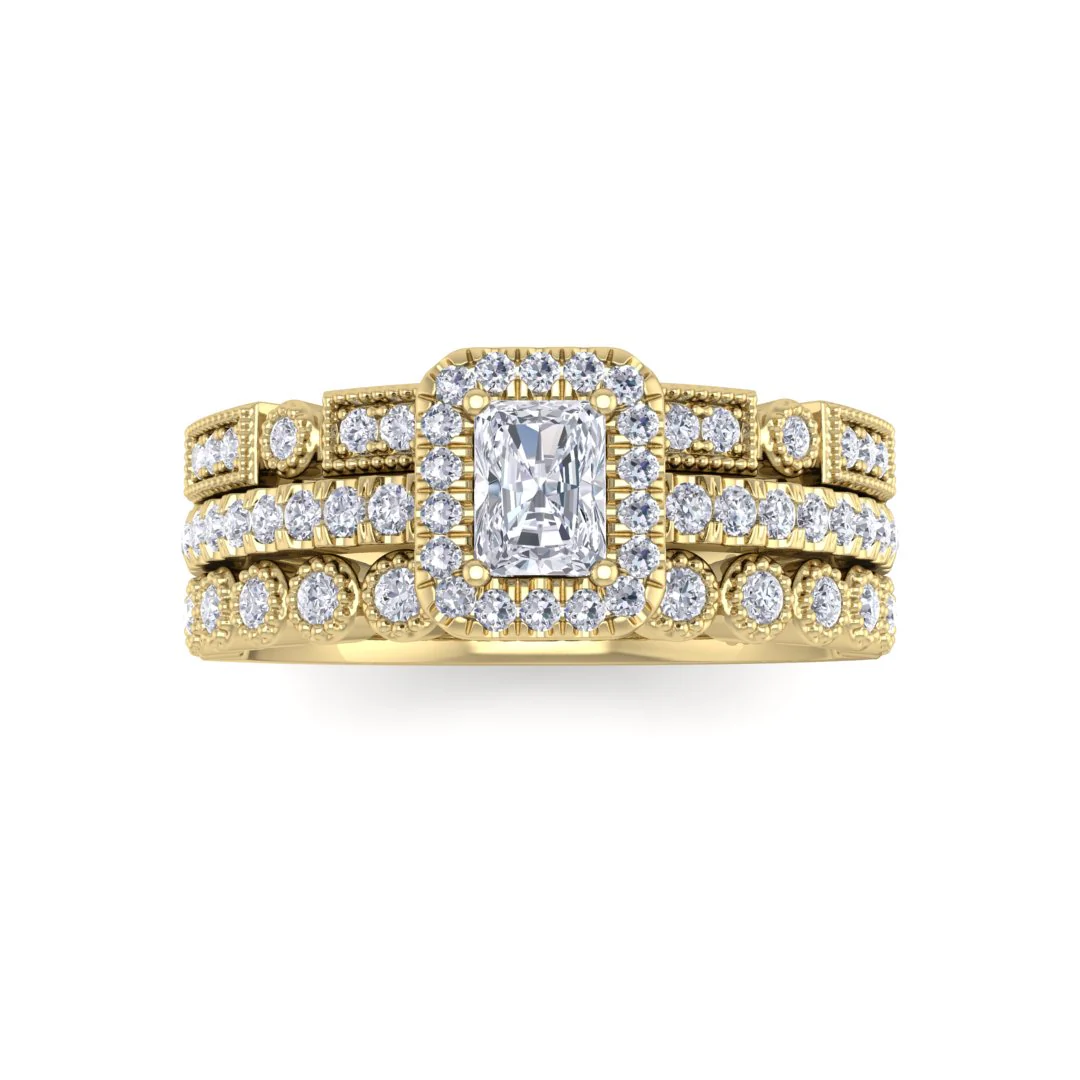 18k Yellow Gold 0.33ct Emerald Cut Moissanite Halo Bridal Set 0.5tdw