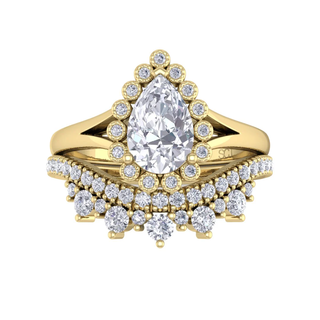 18k Yellow Gold 0.75ct Pear Diamond Halo Tiara Bridal Set 1.15tdw