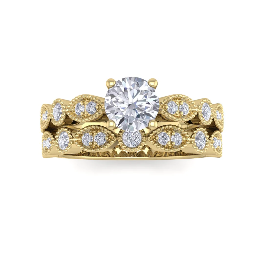 18K Yellow Gold Round Brilliant Lab Diamond Milgrain Bridal Set 0.75tdw