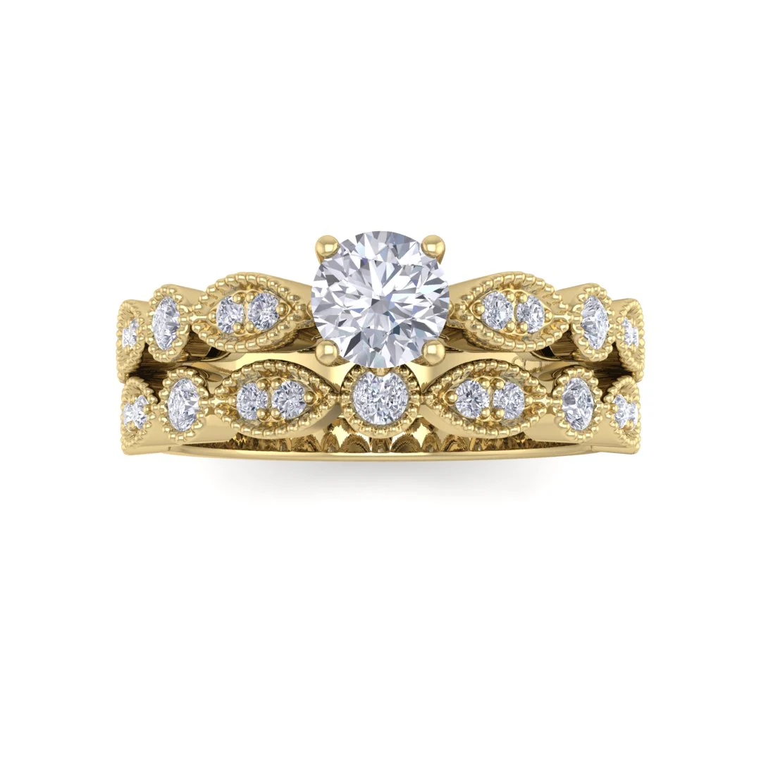 18K Yellow Gold Round Brilliant Moissanite and Diamond Milgrain Bridal Set 0.25tdw 0.33ct Moissanite