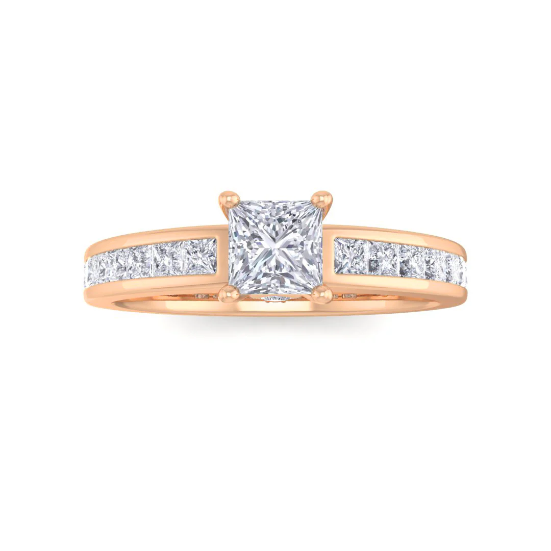 9k Rose Gold 0.33ct Princess Cut Lab Diamond Solitaire with Shoulder Accents Engagement Ring 0.83tdw