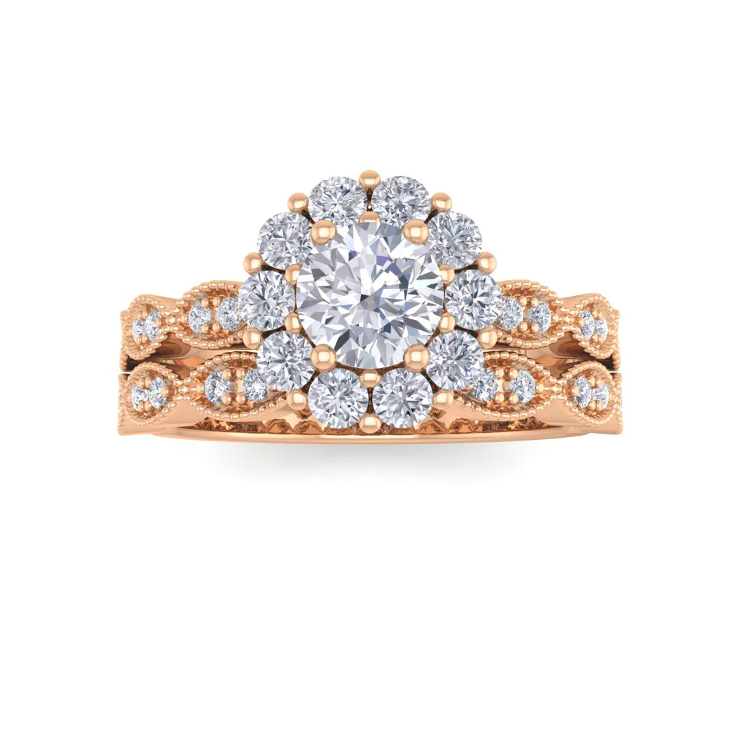 9k Rose Gold 0.5ct Round Brilliant Lab Diamond Halo Bridal Set 1.05tdw