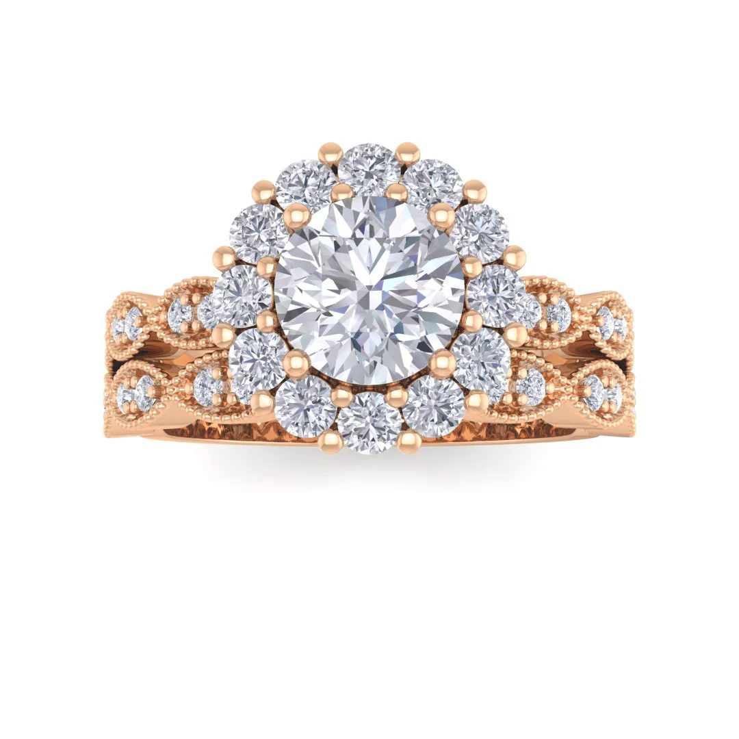 9k Rose Gold 0.75ct Round Brilliant Diamond Halo Bridal Set 1.3tdw