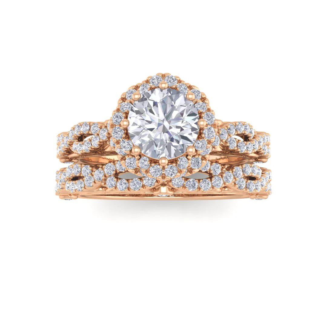 9k Rose Gold 0.75ct Round Brilliant Lab Diamond Flower Halo Bridal Set 1.25tdw