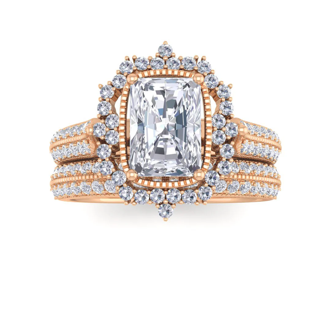 9k Rose Gold 1.0ct Emerald Cut Diamond Vintage Halo Bridal Set 1.5tdw