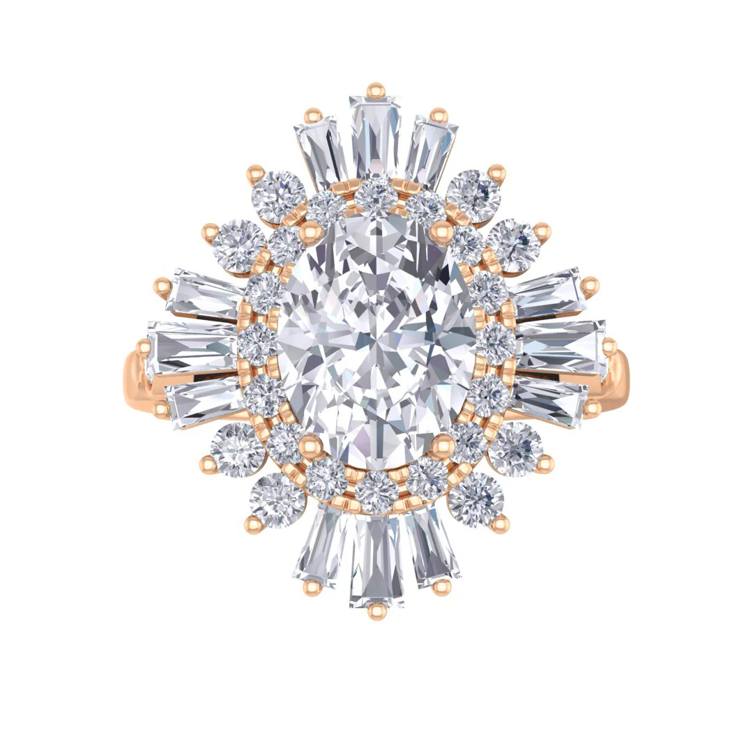 9k Rose Gold 1.5ct Oval Diamond Baguette Starburst Engagement Ring 2.0tdw