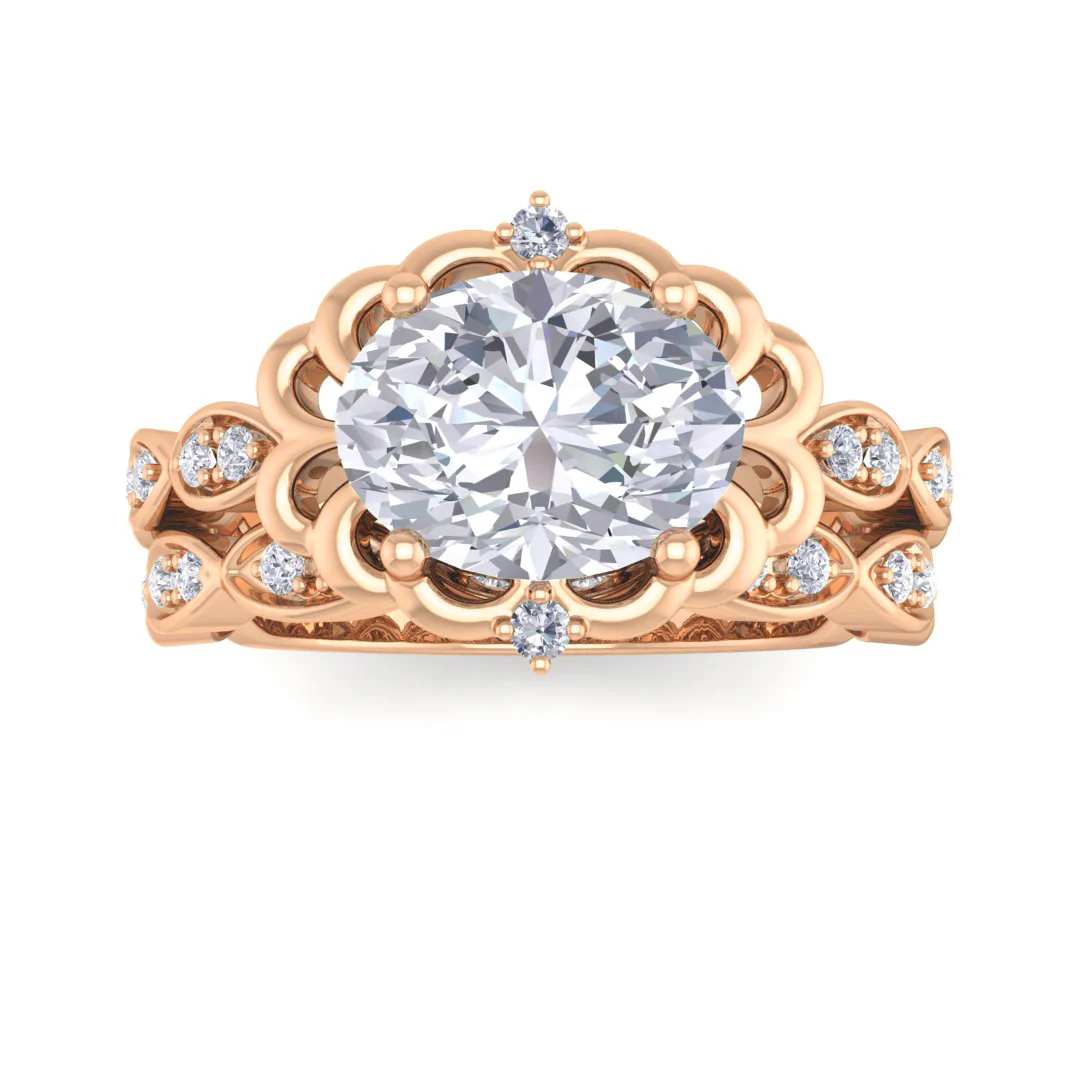 9k Rose Gold 1.5ct Oval Diamond Filigree Halo Bridal Set 1.7tdw
