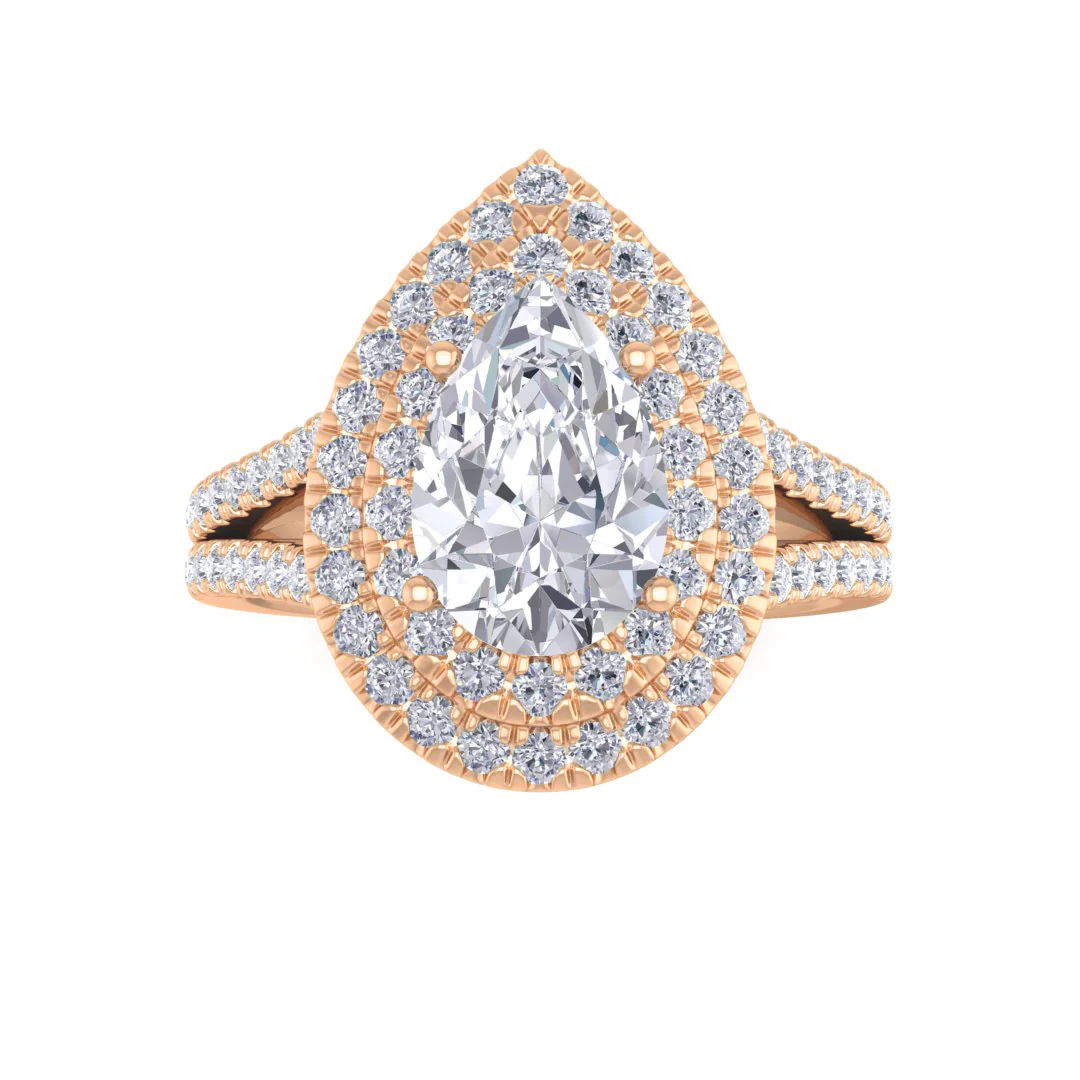 9k Rose Gold 1.5ct Pear Diamond Double Halo Engagement Ring 2.0tdw