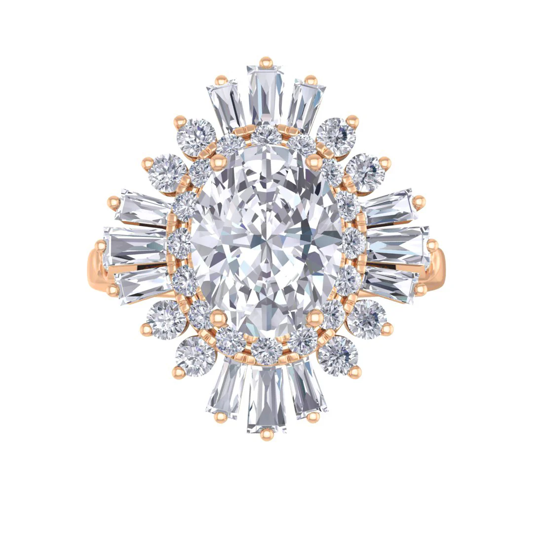 9k Rose Gold 2.0ct Oval Lab Diamond Baguette Starburst Engagement Ring 2.5tdw