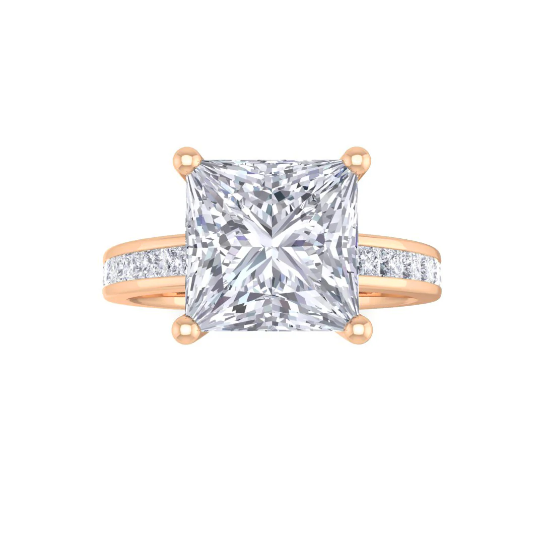 9k Rose Gold 2.0ct Princess Cut Moissanite Solitaire with Shoulder Accents Engagement Ring 0.5tdw
