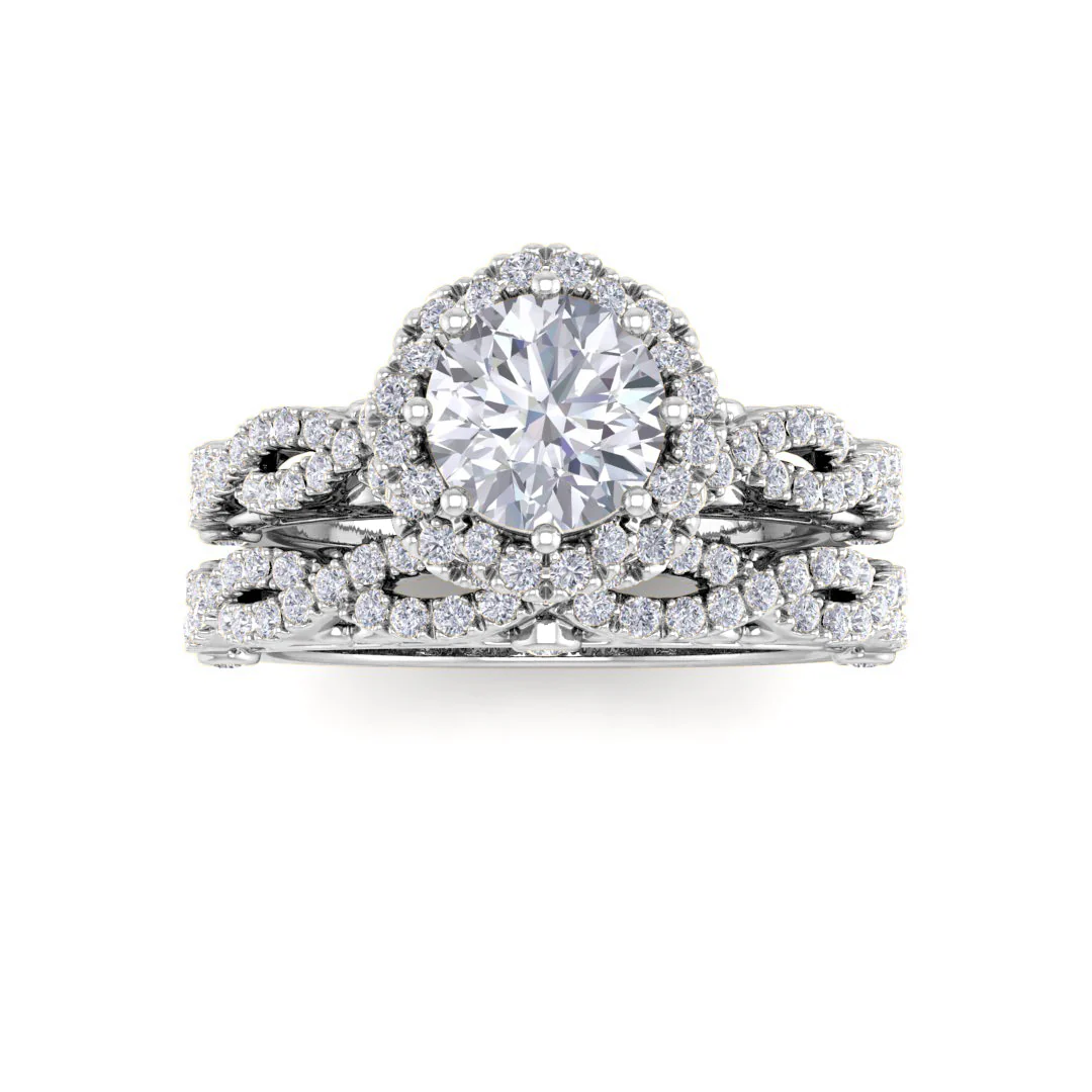 9k White Gold 0.75ct Round Brilliant Moissanite Flower Halo Bridal Set 0.5tdw