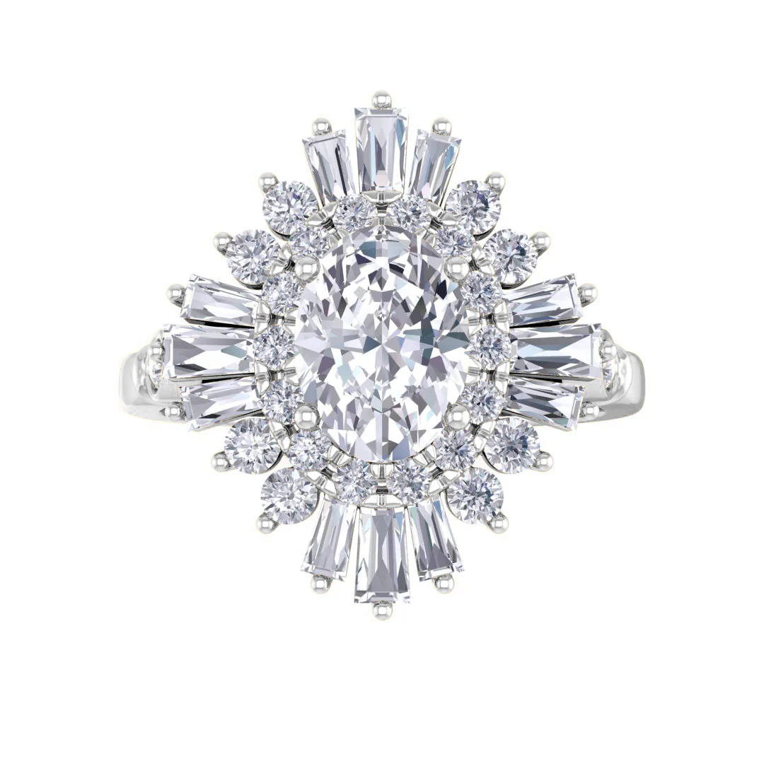 9k White Gold 1.0ct Oval Diamond Baguette Starburst Engagement Ring 1.5tdw